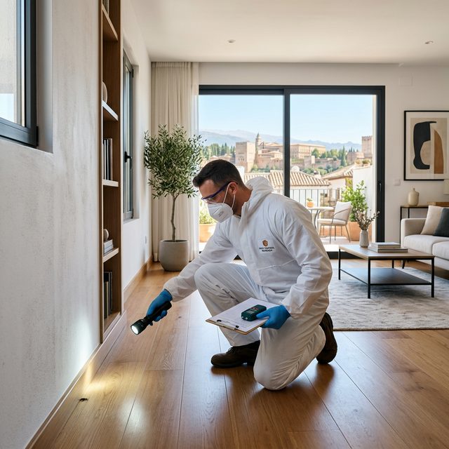 Técnico de control de plagas revisando el rodapié de un salón en Granada