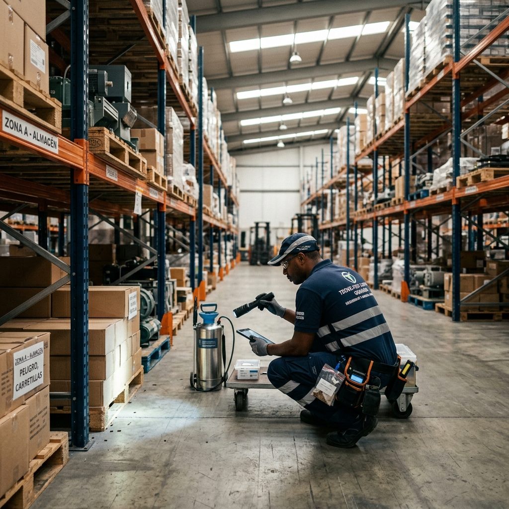 Almacén industrial con portacebos de control de roedores