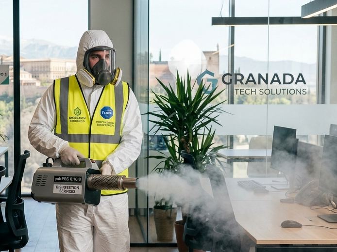 Técnico con equipo de protección aplicando nebulización desinsectante